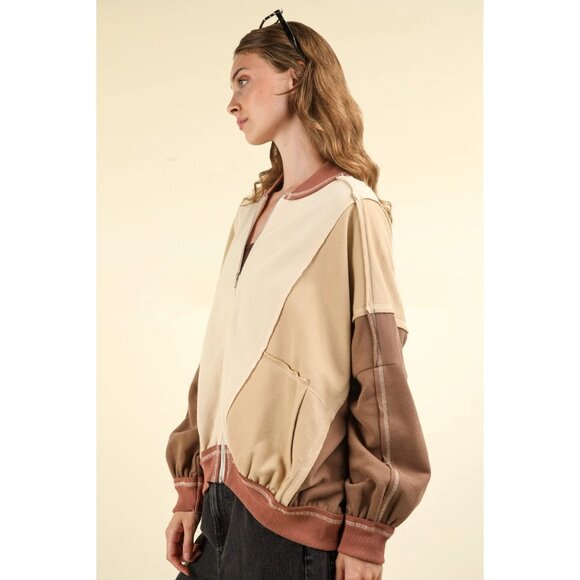 New In Oversized Colorblock Exposed Seam Jacket in Cream Mix - Picture 2 of 15